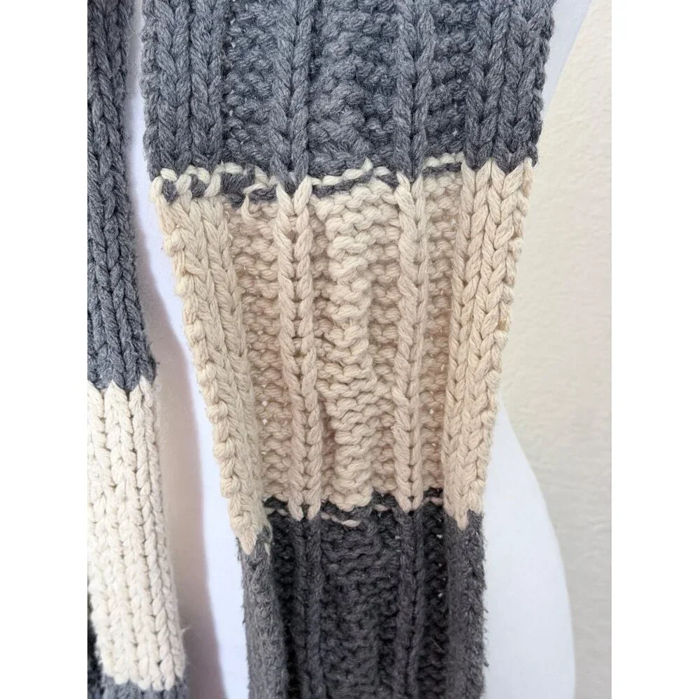 Vtg Y2K Abercrombie & Fitch Wool Blend Scarf Chunky Cable Knit Block Striped Gra